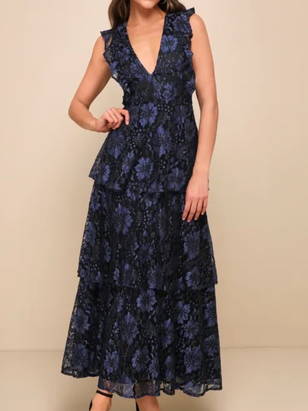 Lulus Molinetto Navy Blue Lace Ruffled Tiered Sleeveless Maxi Dress - Size S